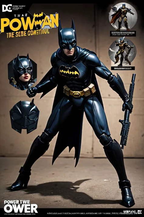 (Dutch angle:1.3), (ActionFigureQuiron style), solo, Batman (DC Comics): Batmans sleek black suit, cowl, and combat skills make her a fierce and empowering character to cosplay., box art, action figure box, weapon, no humans, (reference sheet:1.4), power a...