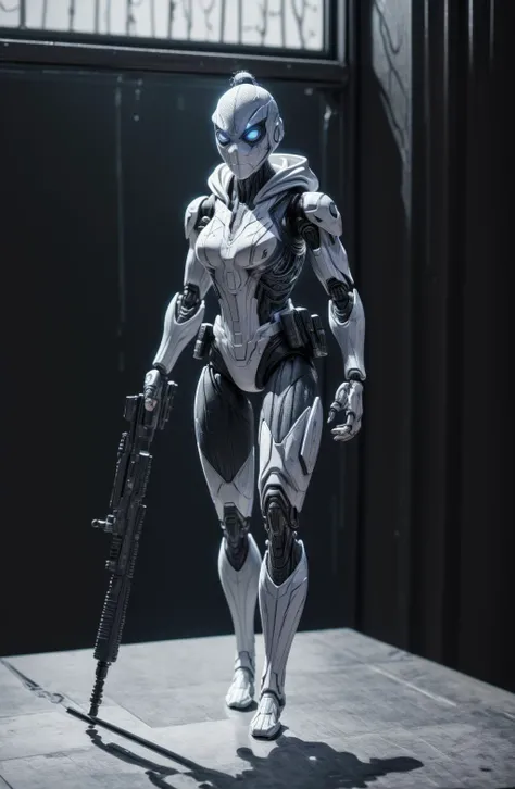 (8k, ultra quality, masterpiece:1.5)(ActionFigureQuiron style), solo, female focus,  digital camo, action figure, hood, silver assassin robes, concept art, ActionFigureQuiron style, action figure, plastic toy, premium toy, <lora:quiron_ActionFigure_v2_lora...