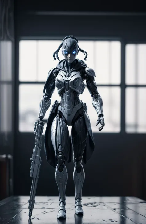 (8k, ultra quality, masterpiece:1.5)(ActionFigureQuiron style), solo, female focus,  camo, cloak, wind, action figure, hood, silver assassin robes, concept art, ActionFigureQuiron style, action figure, plastic toy, premium toy, <lora:quiron_ActionFigure_v2...