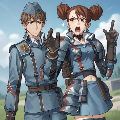 two anime characters dressed in uniform standing next to each other