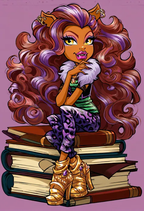 score_9, score_8_up, score_7_up, <lora:Clawdeen_-_Monster_High_PONY_XL:1>,  clawdeen, yellow eye, purple eyeshadow, fangs, claws, animal ear, ear piercing, full lips, plumps lips, 1girl, solo, animal ears, makeup, sitting, book, long hair, eyeshadow, purpl...