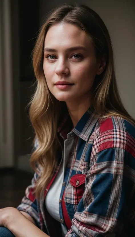 robinwright, (Masterpiece Photo:) of (Happy) woman wearing checkered red and black shirt and blue jeans staring at the viewer ,(checkered red and black shirt), (blue jeans),Highly Detailed,(close portrait:1.3),(Feminine:1.4),(beautiful:1.4),(attractive:1.3...