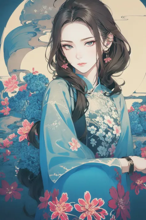 a woman in a blue kimono with flowers and a full moon