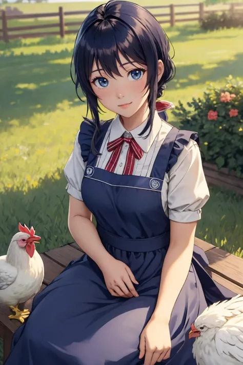 ultra detailed, sharp focus, best quality, masterpiece, <lora:imca-nvwls-v2:0.7> imca, ribbon, long blue dress, apron, farm background, chickens, masterpiece, intricate details