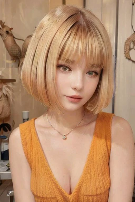 best quality, perfect skin, beautiful detailed eyes, 20 yo, <lora:egyptian_bob_hairstyle:0.8> egyptian_bob_hairstyle <lora:EllaNyan:0.8> ellanyan,short hair, (blond hair:1.2), wearing an orange sleeveless sweater, turtleneck, wearing a bird pendant best qu...