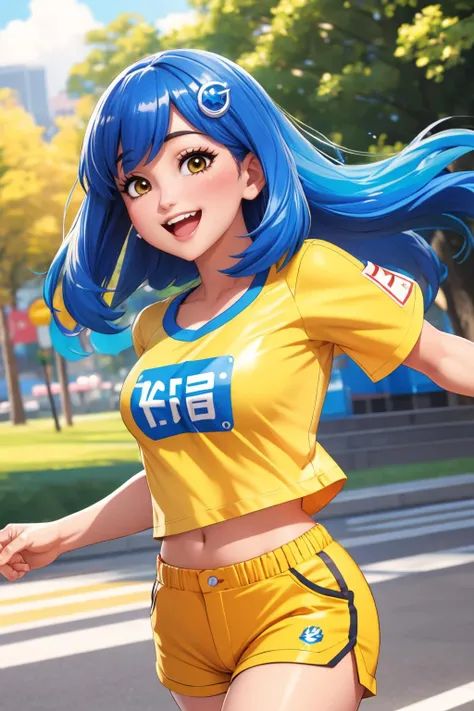 ultra detailed, sharp focus, best quality, masterpiece, colorful, <lora:iechan:1> iechan, long hair, blue hair, hair ornament, hairpin, park background, very happy, huge smile, yellow shorts, running, white t-shirt, short sleeves, dynamic lighting, best qu...