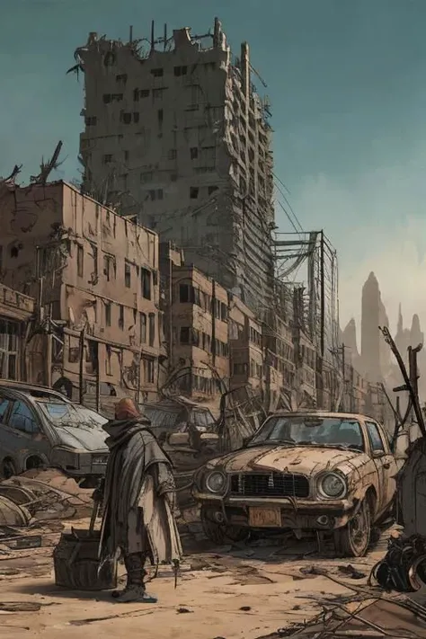 a man walking through a destroyed city with cars and buildings