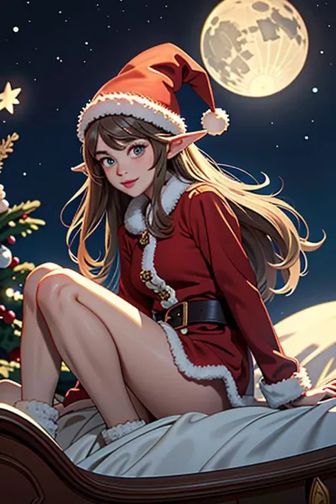 Christmas Elf sitting on the back of Santa s sleigh during a clear moonlit night flying high in the sky, (High quality, Best quality, masterpiece:1.5)