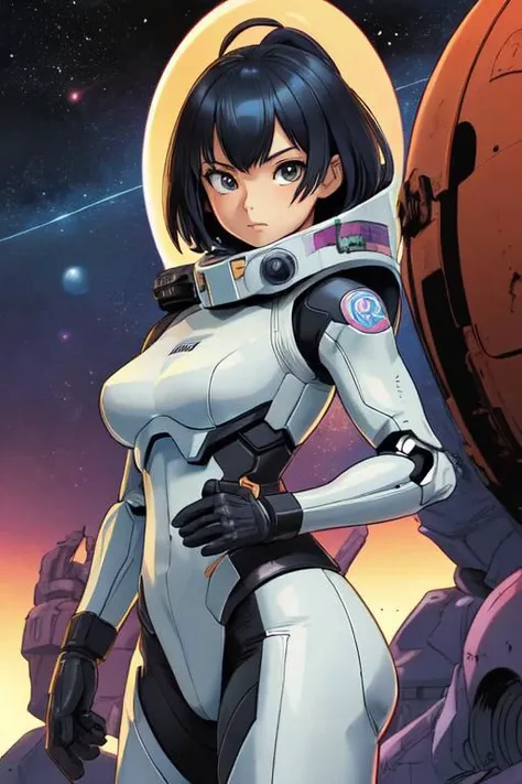 masterpiece by Masamune Shirow, drawing, cartoon, comics, 2d, flat ink, thick outline, realistic illustration medium full shot shot of a young space trooper woman on Mars, special infiltration unit elite corps