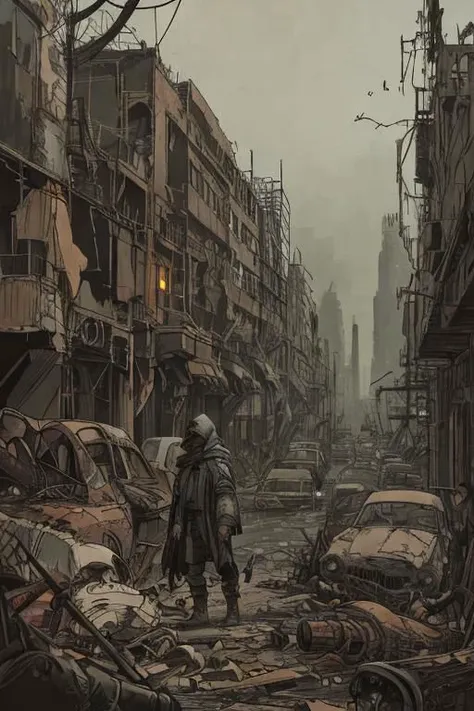 a man standing in a city with a lot of debris