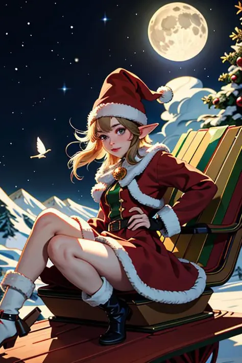 Christmas Elf sitting on the back of Santa s sleigh during a clear moonlit night flying high in the sky, (High quality, Best quality, masterpiece:1.5)