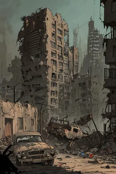 rloiselstyle, 2d, cartoon, comics, drawing illustration, flat ink, thick outline, crosshatch texture, techno-punk, brutalist sttyle, post-apocalyptic city ruins in a desert, an old exhausted man, sinister expression, dressed in rags, wearing a hooded cape,...