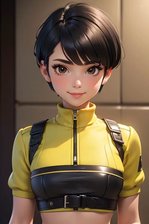 spiky bald hairstyle, short hair, mexican skin, gloves, crop top military, 1girl ,dark black hair, ((hair cut super short,)), soft Brown eyes, smile lips,