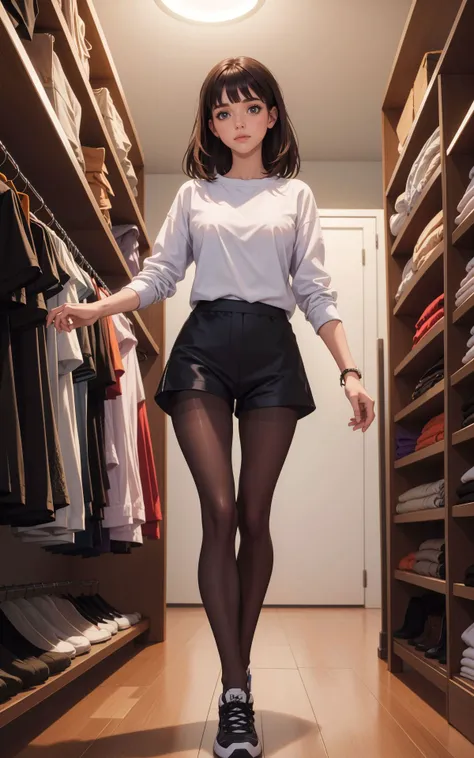 (masterpiece, best quality, hires, high resolution:1.2), (extremely detailed, intricate details, highres),
18 years old girl, (Jessica Alba:1.1), ((violet:1.2) (pantyhose:1.3)), (nipples:0.8), BREAK
(Textured Bangs), (black satin shorts:1.3), black sneaker...