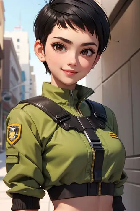 spiky bald hairstyle, short hair, mexican skin, gloves, crop top military, 1girl ,dark black hair, ((hair cut super short,)), soft Brown eyes, smile lips,