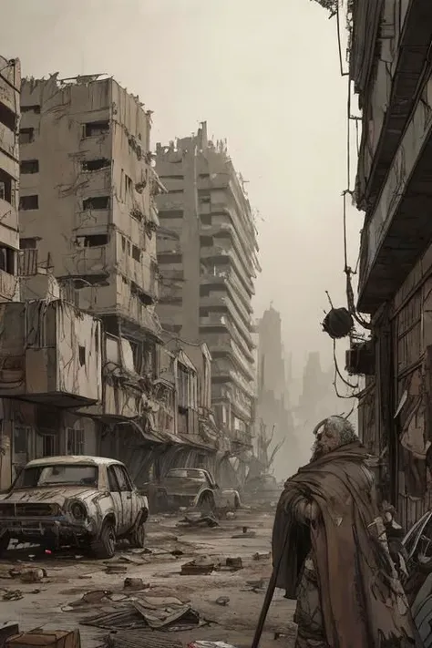 arafed city street with a car and a man walking through it