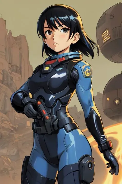 masterpiece by Masamune Shirow, drawing, cartoon, comics, 2d, flat ink, thick outline, realistic illustration medium full shot shot of a young space trooper woman on Mars, special infiltration unit elite corps