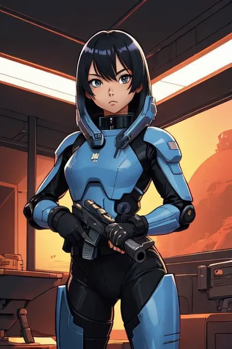 masterpiece by Masamune Shirow, drawing, cartoon, comics, 2d, flat ink, thick outline, realistic illustration medium full shot shot of a young space trooper woman on Mars, black ops