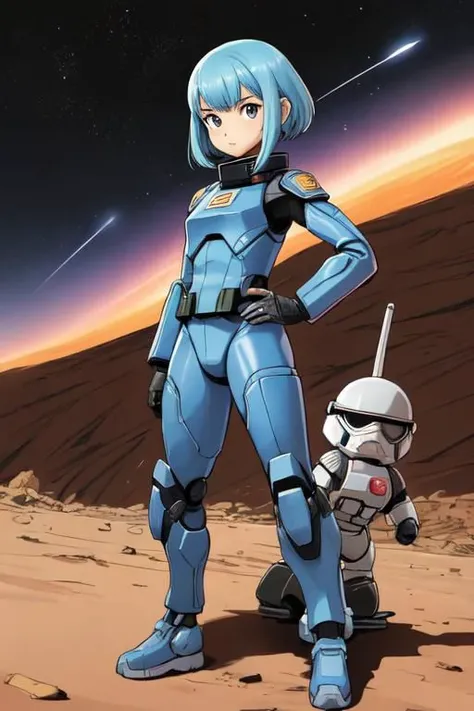 masterpiece by Masamune Shirow, drawing, cartoon, comics, 2d, flat ink, thick outline, realistic illustration medium full shot shot of a young space trooper woman on Mars, special infiltration unit elite corps