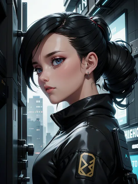 (close-up portrait:1.3) (extreme angle:1.2 ), Semi-realistic cyberpunk anime portrait depicting a young woman standing in a futuristic urban setting, Rain-soaked clothes, (Gritty atmosphere:1.3), Detailed cityscape, (HDR image:1.2), (Enhanced photography:1...