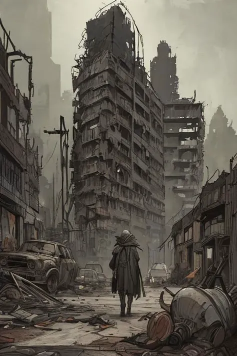 a man walking through a city with a lot of debris