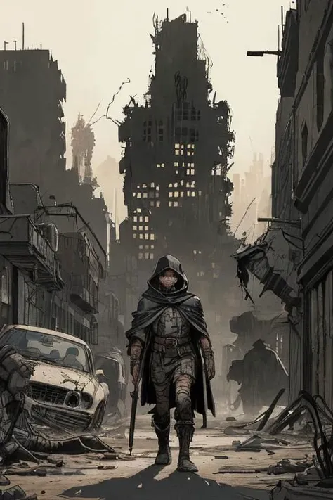 a picture taken from a video game shows a man walking through a city