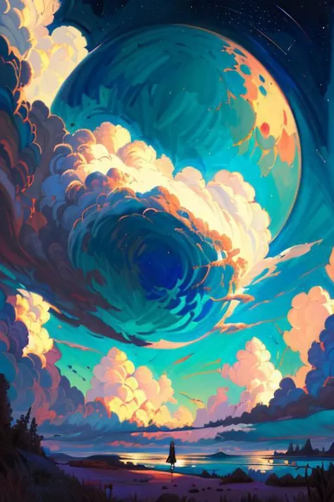 a painting of a person standing in front of a large vortex