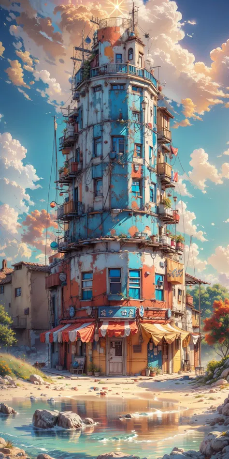 a painting of a building with a lot of windows and a sky background