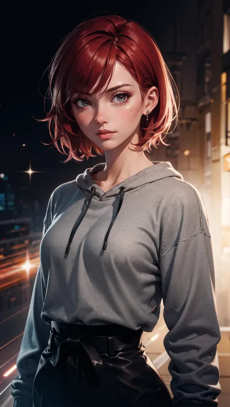 a girl with messy short red hair wearing a gray sweatshirt, medium shot, waist up, sharp focus, medium portrait, nebula, background hyper-realistic, Artstation, animated, realistic <lora:age_slider_v2:1>