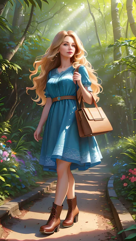 (a middle-aged woman strolling through a lush forest holding a leather handbag:1.5), (black eyeliner, red lipstick, round head, cute nose, very long blonde wavy hair, high cheek bones, big blue eyes, wide hips, thick legs, small breasts:1.3), (wearing a li...