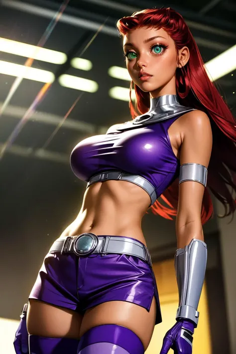 (ultra realistic,32k, masterpiece:1.2),(high detailed skin:1.1),( high quality:1.1),
<lora:Starfire_v3:0.8>starfire,angry,  1girl, solo, green eyes, long hair, red hair, orange skin, dark skin, dark-skinned female,purple miniskirt, purple crop top, sleevel...