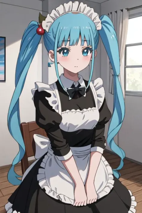 best quality, masterpiece, highres, solo, {maid:1.40}, {long maid dress:1.15}, {nijimi_anazawa_mahoushoujosite:1.15}, blue_hair, twintails, long_hair, blue_eyes, hair_ornament, hair_bobbles, blush, bangs