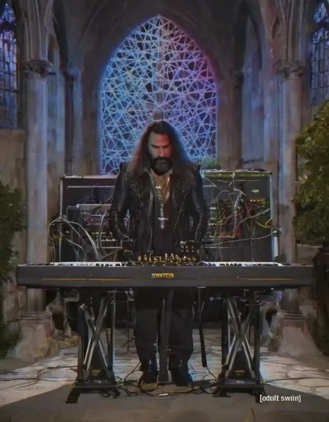 lordsofsynth photo of xangelix playing a synthesizer in the (gothic cathedral), professional photography, high quality, perfect lighting <lora:hjlordsofsynth_v11xl:0.9>