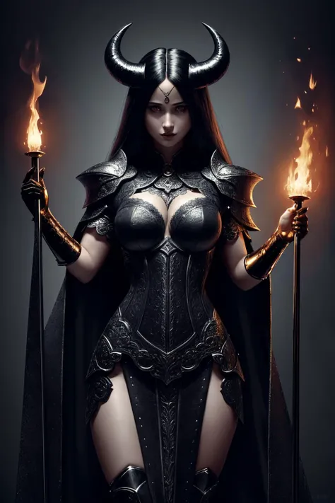 (absurdres, fantasy, dark theme, a masterpiece medium portrait of extremely good quality of a female demon, natural skin texture) , extremely beauitful, long straight hair, standing in a proud and mischievous pose,