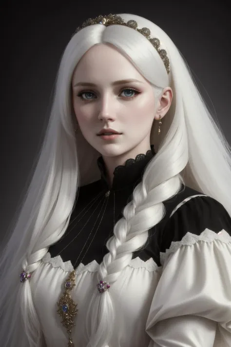 (photorealistic:1.5), award winning, masterpiece, trending on artstation, hyper detailed, insane details, stunning, intricate, female princess, perfect face, (very long flowing white hair:1.2), captivating bright beautiful eyes, pale skin, (lace dress:1.1)...