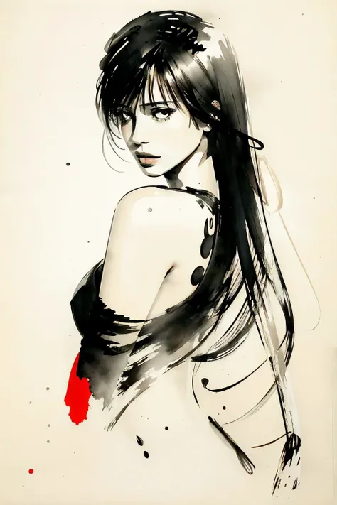 <lora:zyd232_InkStyle_v1_0:1>, concept art, sketch of a young woman, clevage, erotic, ink sketch, lip gloss, black ink medium, red accent, facing veiwer, sketch, highres, ink splatter, abstract art, cream colored paper, <lora:more_details:0.3>,