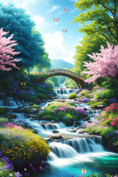 masterpiece, best quality, high quality, extremely detailed cg unity 8k wallpaper, an extremely colorful and purely fantasy environment with vibrant hues and a bright sky, landscape of bright green grass, colorful trees, glittering fruits, and bright blue ...