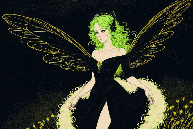 (Religious Drawing:1.3) of (Sketched:1.3),(Fearful:1.3) an elegant fae woman alighting gently on a flower, dark sky night, floating above the ground, phosporescent wings, pom pom antennae, black evening gown, high heels, wavy green hair, masterpiece, high ...