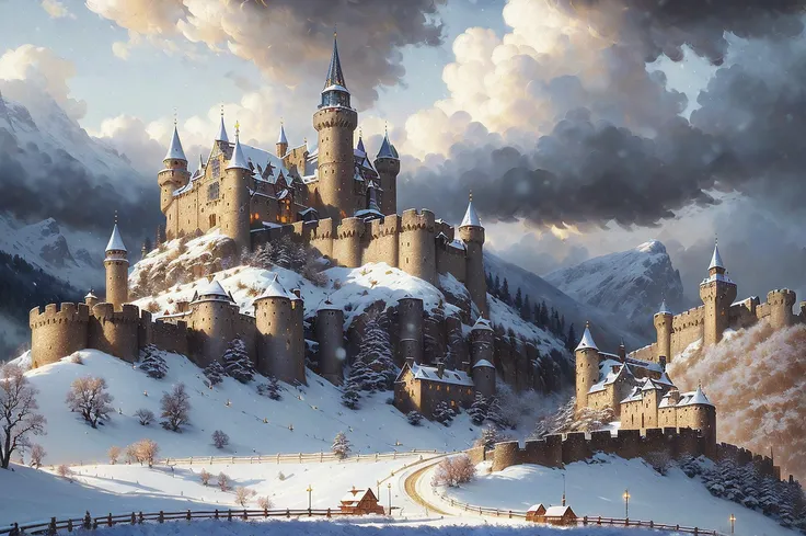 (extremely detailed CG unity 8k wallpaper), ((full shot photo of the most beautiful artwork of a medieval castle with surrounding village, in winter in a valley)), ((snow falling)), ((gorgeous cloudy sky)), ((Oil Painting)), ((Painterly)), ((GoT inspired))...