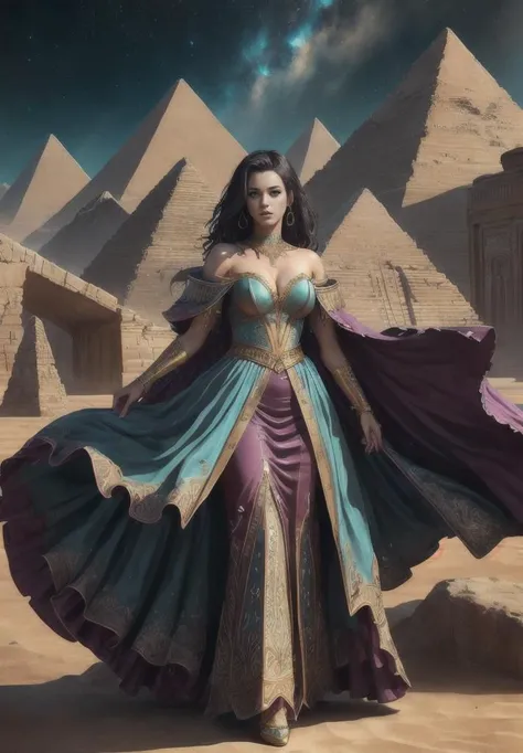 masterpiece, photorealistic, portrait, full body, (perfect face), 1girl, kperry-smf:1.5, , sexy silk dress, OldEgyptAI, gold, blue, brown, green, magenta, , detailed fractals, , mystical, dark arts, chaos energy, as above so below, realistic fantasy pyrami...