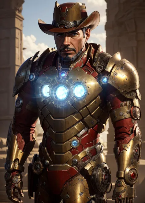 (photorealistic), (dramatic), (fantasy render), concept art, (cowboy shot), (3/4 view:1.17), ironman steampunk style, (tony stark), brass, metals, gears, intricate, weathered, realistic, volumetric lighting, simple background, masterpiece, centered