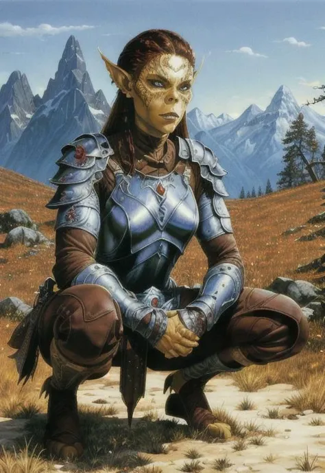 painting, (by Larry Elmore:0.8), perfect eyes, 1 girl, githyanki, pointy ears, iron armor, squatting, dnd , mountain in background, <lora:githyanki_offset:0.8>