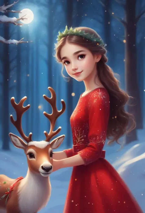 cute girl wearing red Christmas dress is hugging happy reindeer,
(snowy forest, moonlight, Christmas trees), (sparkles, sparkling clothes, sparkling eyes), fantasy