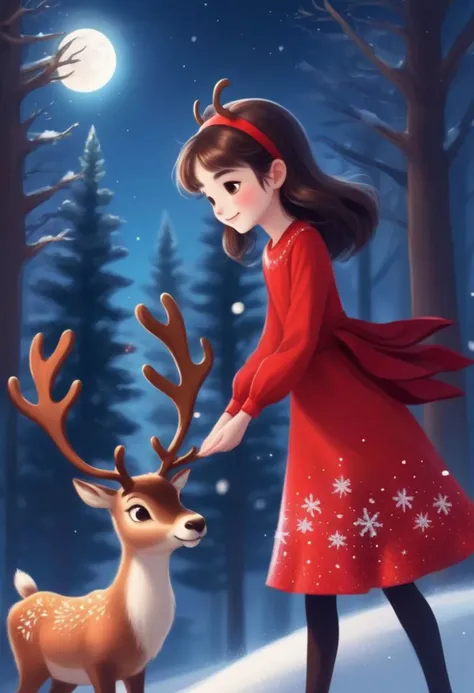 cute girl wearing red Christmas dress is hugging happy reindeer,
(snowy forest, moonlight, Christmas trees), (sparkles, sparkling clothes, sparkling eyes), fantasy, cartoon, animated