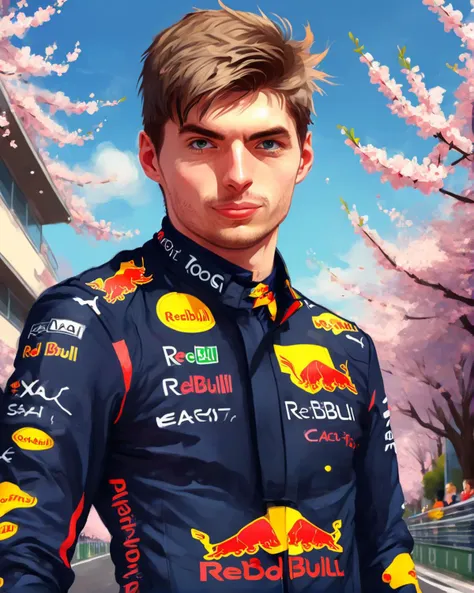 cutecartoonaf, cute cartoon of mxvrs, wearing redbull racing suit, ((formula 1 circuit in the background)), ((redbull f1 car)) <...