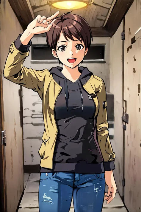 anime girl in a yellow jacket and jeans standing in a hallway