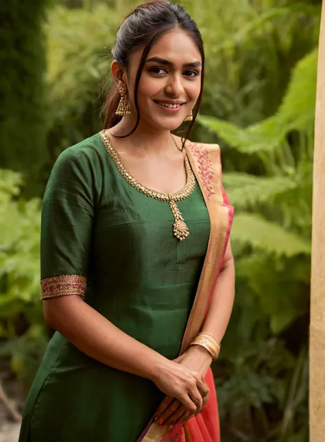 a close up of a woman in a green and red sari