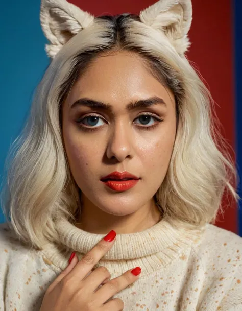 a woman with a cat ear and red nails posing for a picture