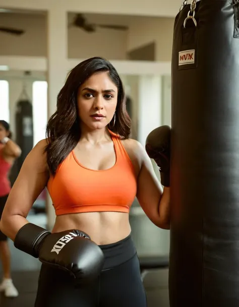 a woman in a sports bra top and boxing gloves posing for a picture