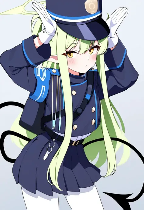 anime girl in uniform with horns and tail holding her hat